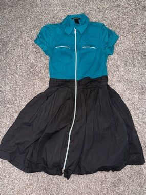 Teal and Black Zip-Front Shirt Dress